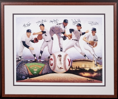 New York Yankees Cy Young Winners 19 x 25 Lithograph In 29 x 34 Frame Signed By 5 With Turley, Ford, Lyle, Guidry & Clemens (PSA/DNA)